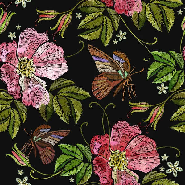 Nakış Yaban Gülü Çiçek Kelebek Seamless Modeli Giyim Tekstil Shirt — Stok Vektör