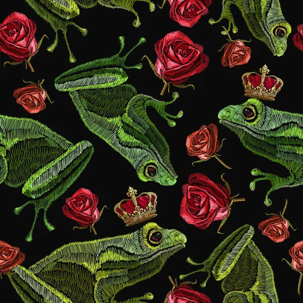 Embroidery frog and buds of red roses seamless pattern. Template for clothes, textiles, t-shirt design