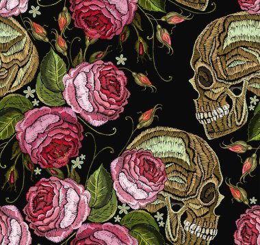 Nakış kafatası ve gül çiçek seamless modeli. Moda giyim, tekstil, t-shirt tasarım şablonu. Gotik romantik insan kafatasları ve peonies