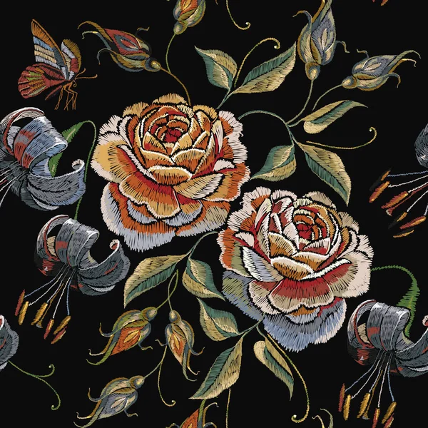 Roses embroidery seamless pattern. Classical embroidery