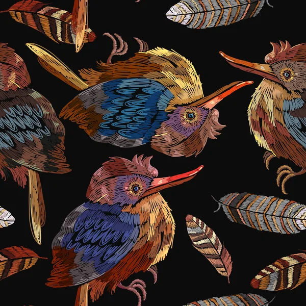 Broderie Drôle Oiseau Sur Branche Motif Sans Couture Modèle Pour — Image vectorielle