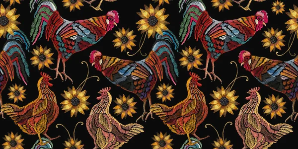 シャツのデザイン テンプレート 刺繍鶏鶏とヒマワリのシームレスなパターン ファッション — ストックベクタ