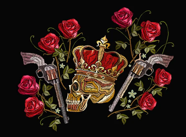 Crânio Bordado Coroa Armas Cruzadas Rosas Arte Criminal Rei Dos — Vetor de Stock