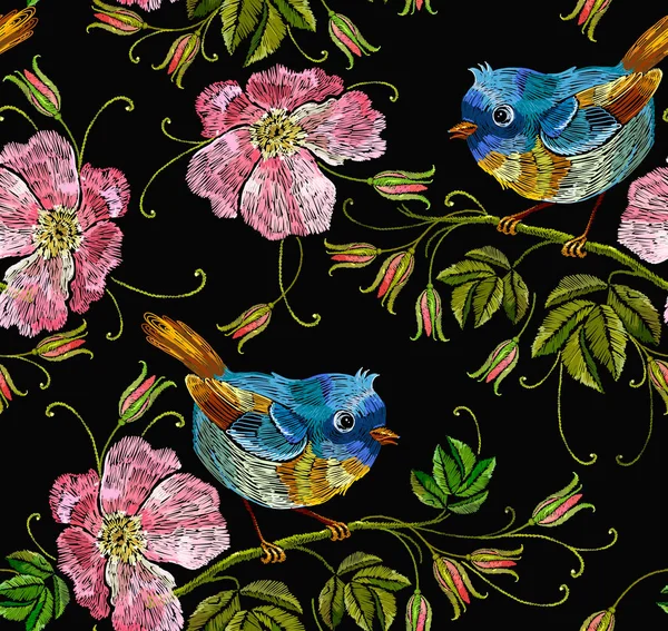 Wildrosen Und Tropische Vögel Nahtlos Besticken Vorlage Für Kleidung Textilien — Stockvektor