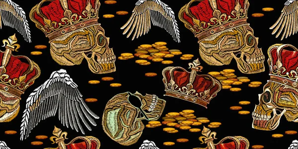 Calavera Pirata Bordado Corona Volante Alas Ángel Monedas Oro Patrón — Archivo Imágenes Vectoriales