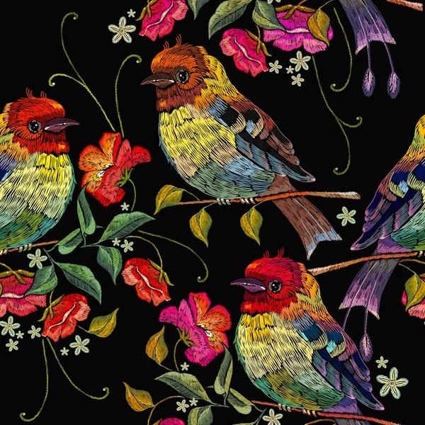 Broderie Oiseaux Roses Sauvages Motif Sans Couture Modèle Pour Vêtements — Image vectorielle