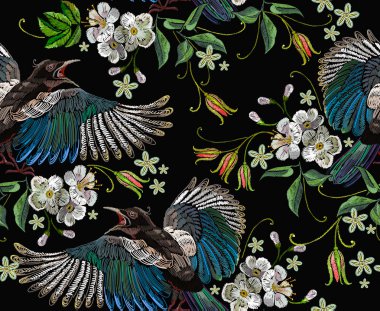 Nakış magpie kuşlar ve kiraz çiçekleri seamless modeli. Giyim, tekstil, t-shirt tasarım şablonu