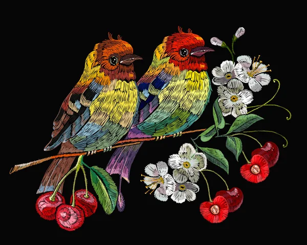 Giyim Tekstil Shirt Tasarım Şablonu Nakış Kuş Çiçek Açması Kiraz — Stok Vektör