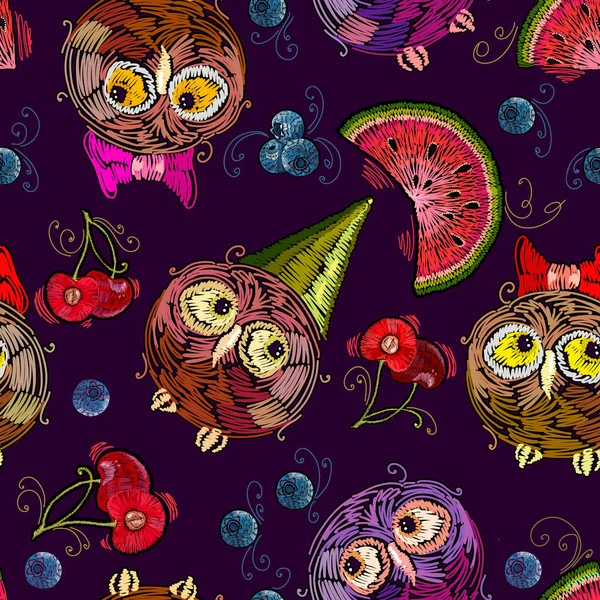 Embroidery funny birds. Template for clothes, textiles, t-shirt design. Cute owls and fruits, berry seamless pattern