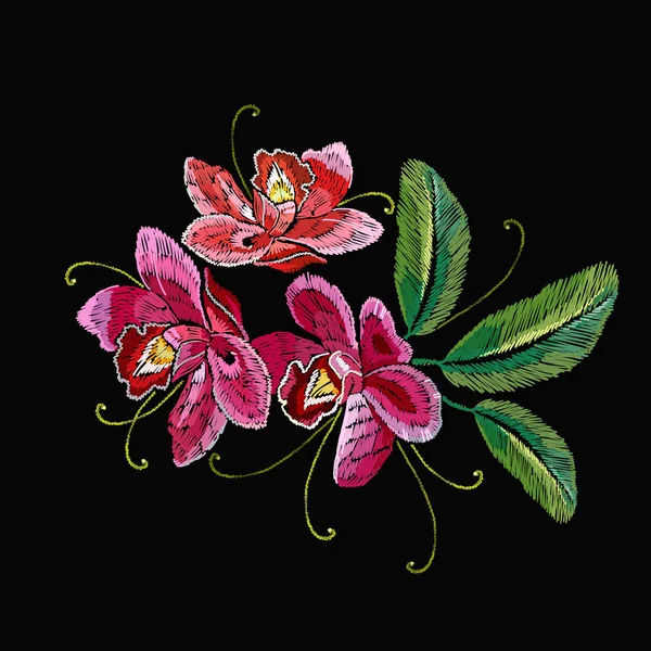 Bordado Flores Orquídea Plantilla Para Ropa Textiles Diseño Camisetas — Vector de stock