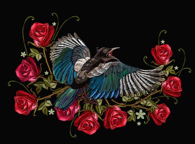 Nakış magpie kuşlar ve kırmızı gül çiçekler. Moda giyim, Tekstil ve t-shirt tasarım şablonu