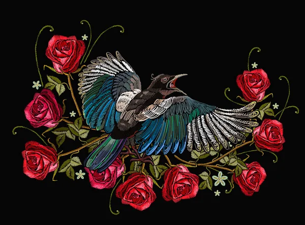 Bordado Pássaros Magpie Rosas Vermelhas Flores Modelo Moda Para Roupas — Vetor de Stock