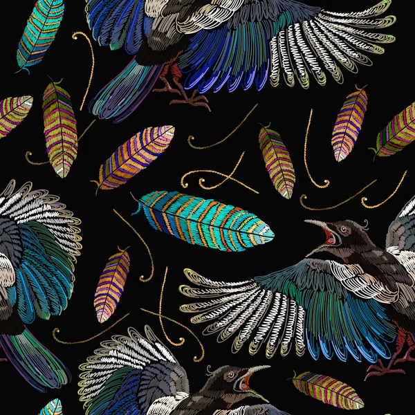 Broderie Oiseaux Pie Plumes Motif Sans Couture Modèle Mode Pour — Image vectorielle