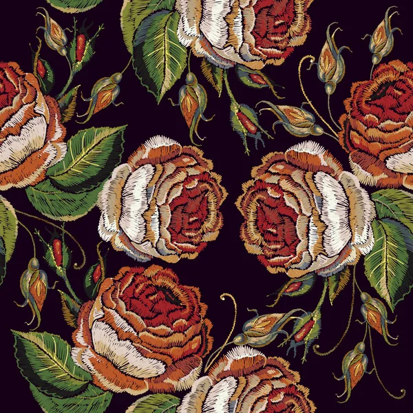 Embroidery vintage buds of roses on black background. Template for clothes, textiles, t-shirt design. Embroidery spring roses seamless pattern