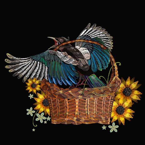 Embroidery Burung Magpie Dan Keranjang Wicker Dan Bunga Matahari Templat - Stok Vektor
