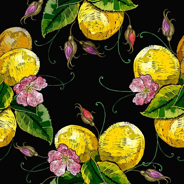 Broderie Floraison Citrons Motif Sans Couture Illustration Botanique Modèle Mode — Image vectorielle