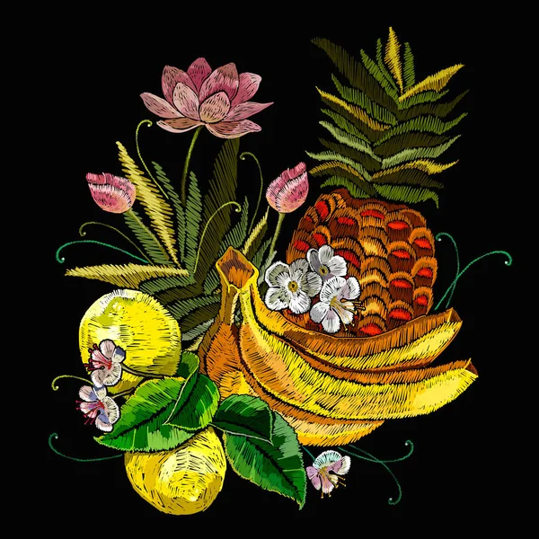 Bordado Limones Piñas Plátanos Flores Loto Arte Frutas Verano Plantilla — Archivo Imágenes Vectoriales