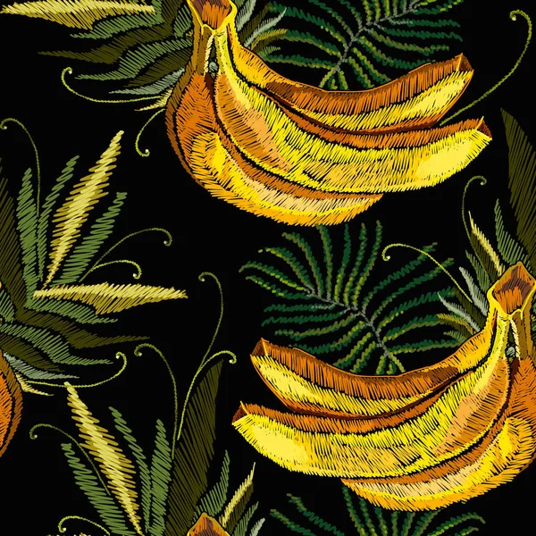 Stickerei Bananen Und Palmblätter Nahtlose Muster Dschungel Kunst Modevorlage Für — Stockvektor