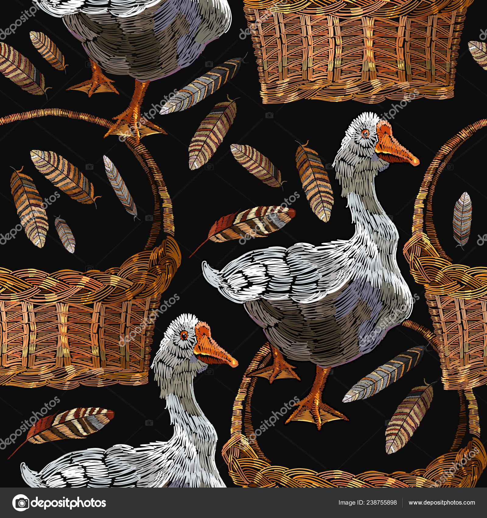 Embroidery geese wicker baskets feathers seamless pattern village art