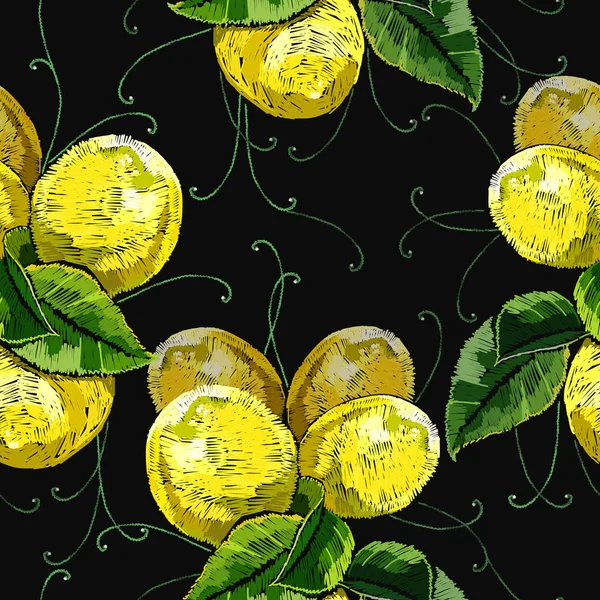 Vyšívací Vzor Bezešvé Citrony Ovoce Botanická Ilustrace Šablona Módní Oblečení — Stockový vektor