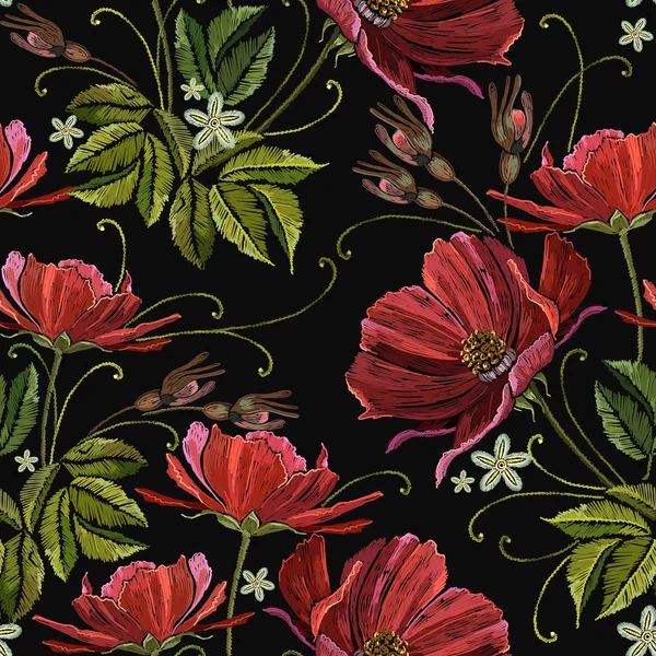 Primavera Bordado Peonías Rojas Flores Patrón Sin Costuras Plantilla Moda — Archivo Imágenes Vectoriales