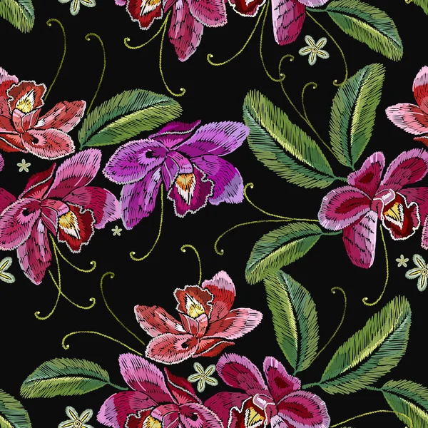 Stickerei Orchideenblüten Nahtlos Patern Vorlage Für Kleidung Textilien Shirt Design — Stockvektor