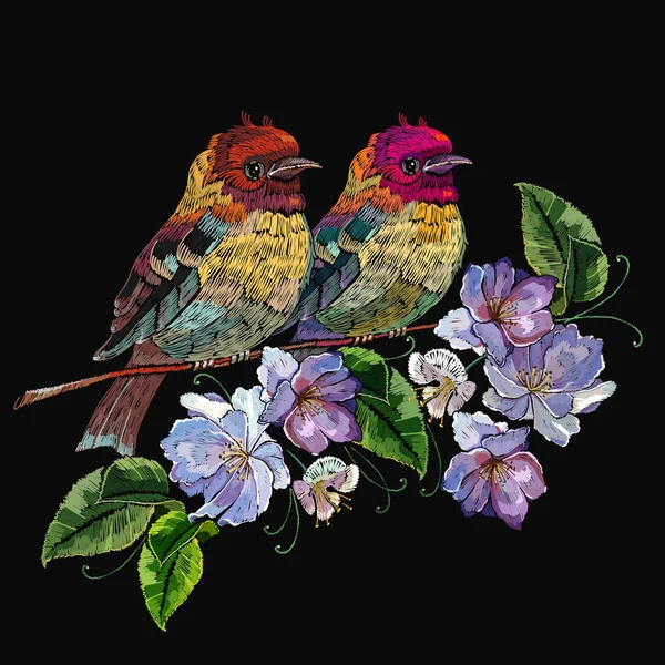 Bordado Dos Pájaros Rama Flores Primavera Violeta Plantilla Moda Para — Archivo Imágenes Vectoriales