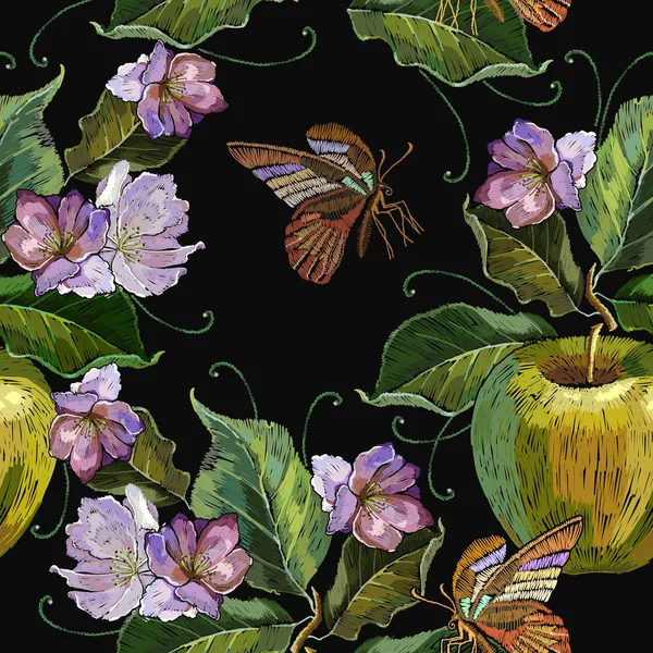 Vyšívací Jablka Butterfly Vzor Bezešvé Jarní Módní Šablona Pro Oblečení — Stockový vektor