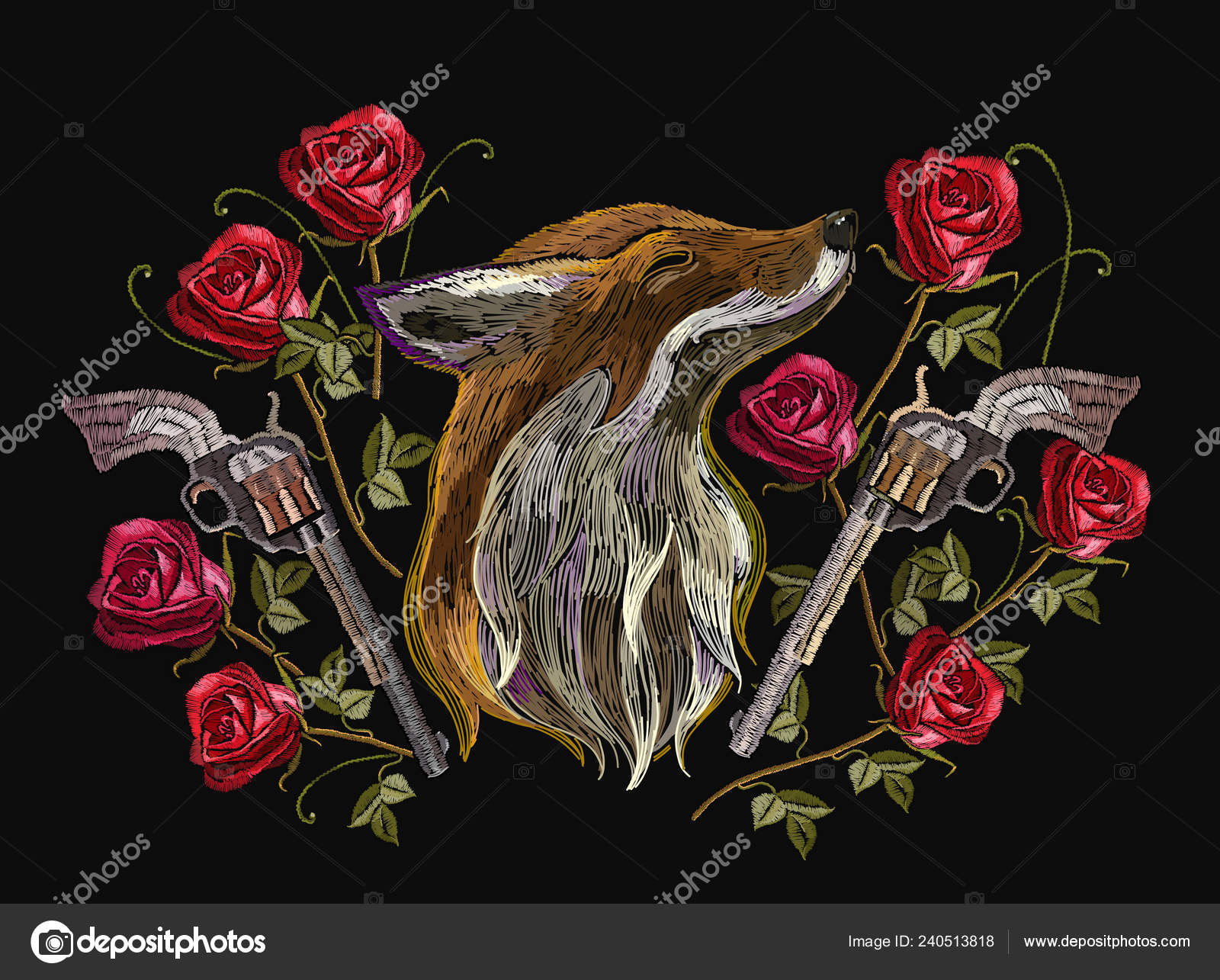 Embroidery Red Fox Roses Gums Template Clothes Textiles Shirt Design