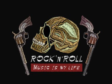 Rock n Roll nakış. Kafatası Korsan ve silahlar. Benim hayat sloganı müziktir. Klasik nakış, giyim, tekstil, t-shirt tasarım için müzik sanat şablon