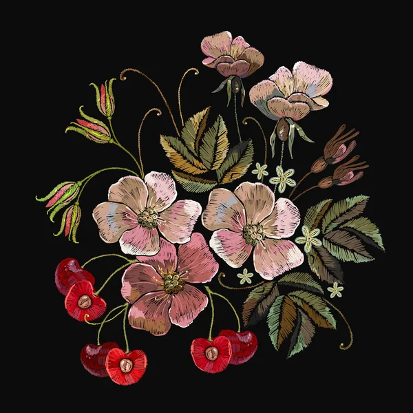 Bordado Rosa Cerezo Flor Árbol Cerezo Fruta Baya Plantilla Moda — Archivo Imágenes Vectoriales