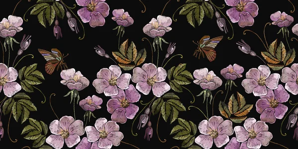 Nakış Vahşi Pembe Çiçek Kelebek Seamless Modeli Moda Giyim Tekstil — Stok Vektör