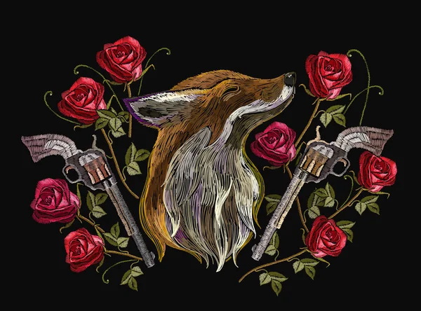 Bordado Zorro Rojo Rosas Encías Plantilla Para Ropa Textiles Diseño — Archivo Imágenes Vectoriales