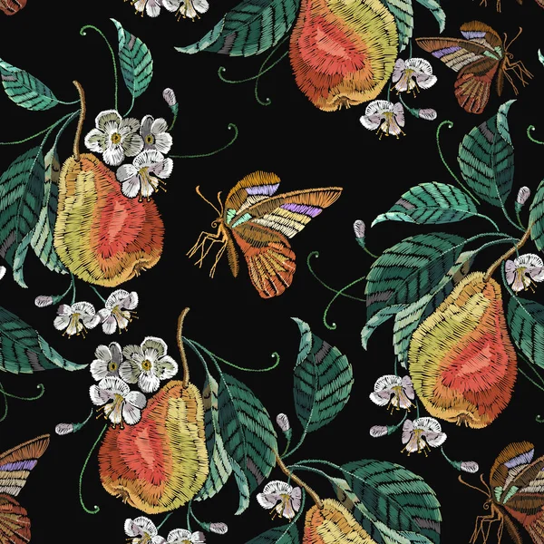刺繍ナシ果実葉と蝶シームレス パターン 植物のイラスト ファッション服 シャツのデザイン テンプレート — ストックベクタ