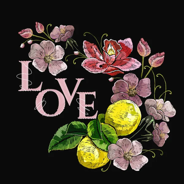 Láska Slogan Výšivkou Kvetoucí Citrony Květiny Botanická Ilustrace Šablona Módní — Stockový vektor