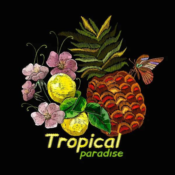 Broderie Citrons Ananas Lotus Fleurs Slogan Tropical Fruits Été Art — Image vectorielle