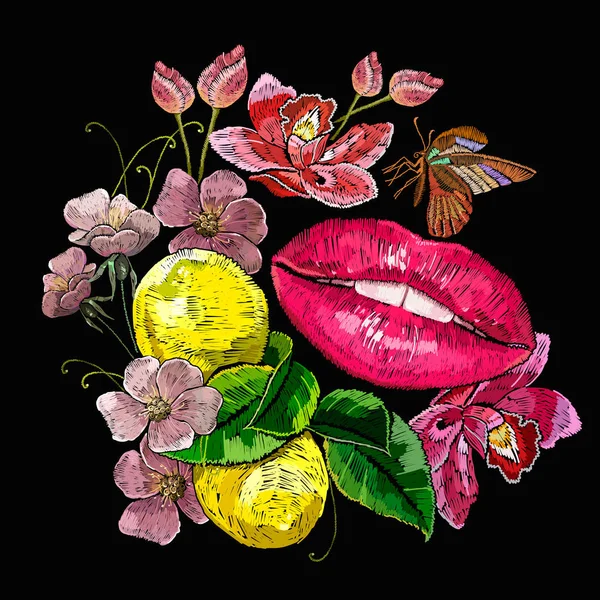Výšivka Červené Rty Citrony Motýl Květiny Letní Umění Šablona Módní — Stockový vektor