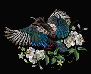 Nakış magpie kuşlar ve çiçekler. Giyim, tekstil, t-shirt tasarım şablonu
