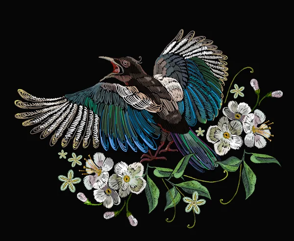 Stickerei Elstern Vögel Und Blumen Vorlage Für Kleidung Textilien Shirt — Stockvektor