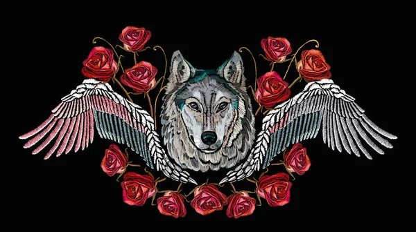 Μόδα Λύκος Κεφάλι Κόκκινα Τριαντάφυλλα Και Φτερά Ροκ Εκτύπωσης Για — Διανυσματικό Αρχείο