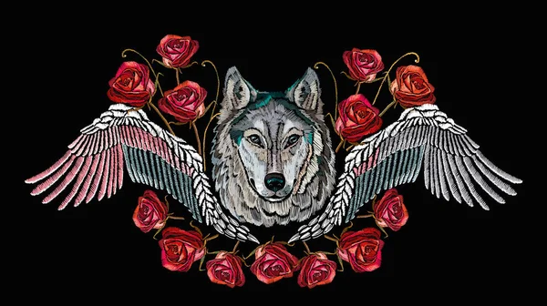 Mode Wolf Hoofd Rode Rozen Vleugels Rock Afdrukken Voor Kleding — Stockvector