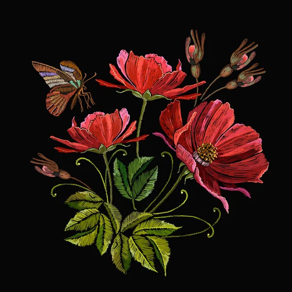 Červené Pivoňky Květy Motýl Jarní Botanické Umění Výšivky Šablona Módní — Stockový vektor