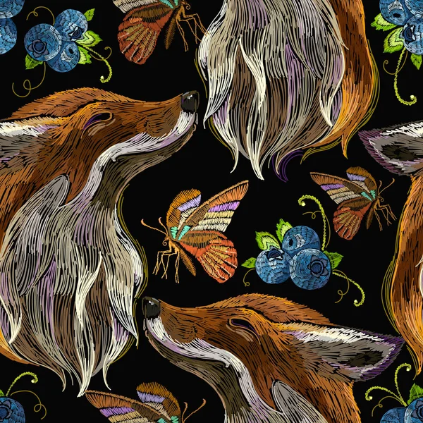 Embroidery red fox and butterfly seamless pattern. Fashion template for clothes, textiles, t-shirt design. Animals art