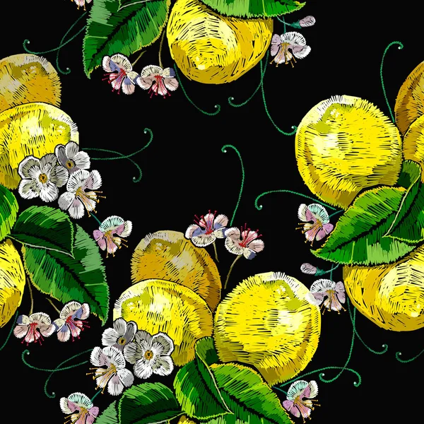 Broderie Floraison Citrons Motif Sans Couture Illustration Botanique Modèle Mode — Image vectorielle