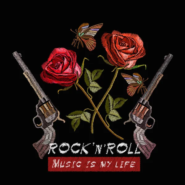 Embroidery Revolvers Spring Roses Tropical Butterfly Symbol Romanticism Crime Music Vector Graphics