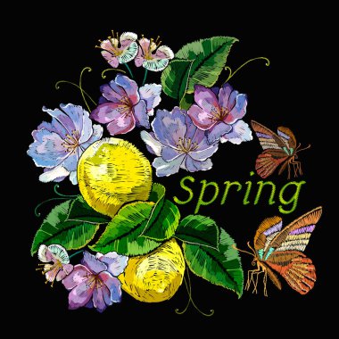 Embroidery lemons, butterfly and apple tree flowers. Spring slog clipart