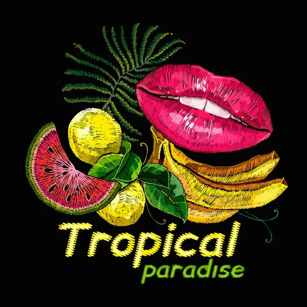 Embroidery red lips, lemons, watermelon and bananas. Tropical pa — Stock Vector