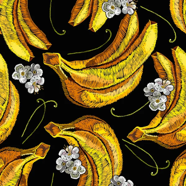Stickerei weiße Blumen und gelbe tropische Bananen nahtlos pa — Stockvektor
