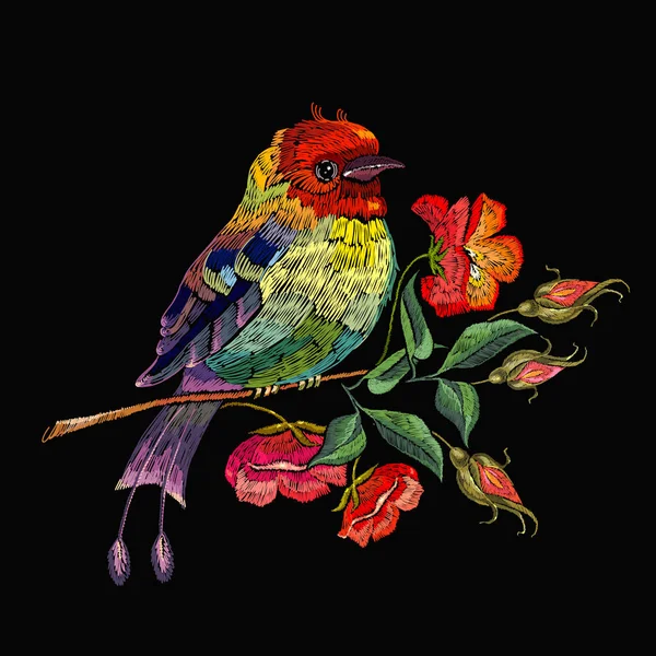 Broderie oiseau et fleurs de roses sauvages. Modèle de mode pour clo — Image vectorielle