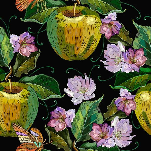 Bordado maçãs e borboleta sem costura padrão. Templa de moda — Vetor de Stock